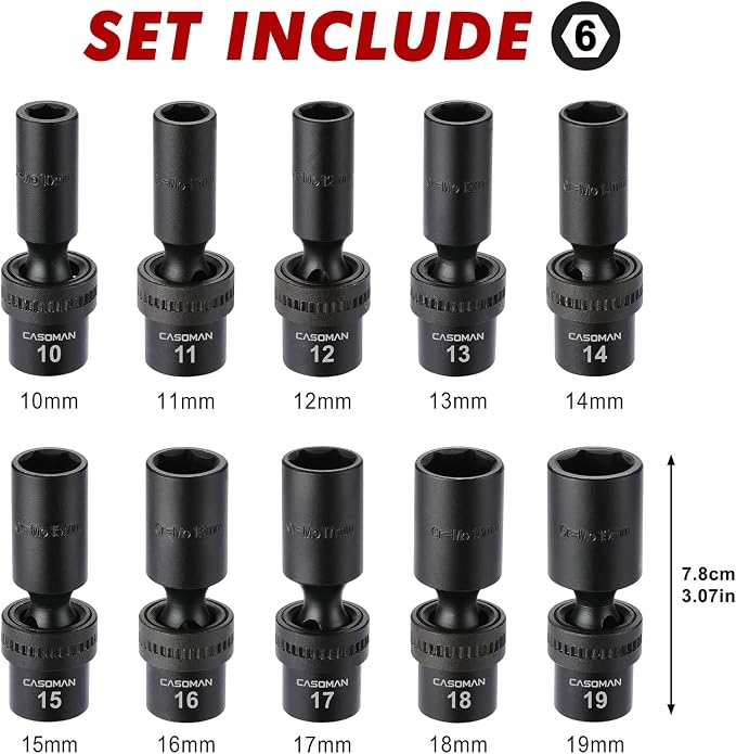 CASOMAN 10 PCS 3/8" Drive Deep Standard Universal Impact Socket Set, 6 Point, CR-MO, Metric,10-19mm