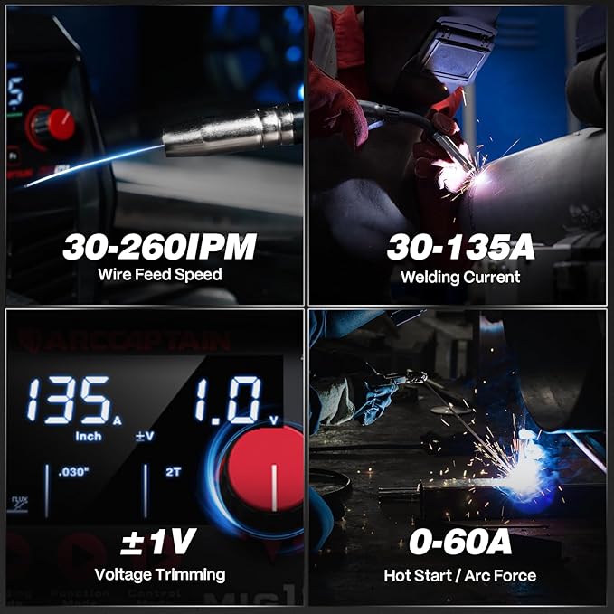 ARCCAPTAIN 135A MIG Welder [Large LED Display] 110V Welder Flux Core MIG, Lift TIG, Stick, 3 in 1 Welding Machine Gasless MIG Welder Machine 110V, IGBT Inverter Welder with Synergy, 2T/4T