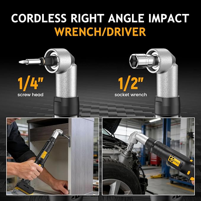 Cordless Right Angle 1/2'' Impact Wrench + 1/4''Driver fit for DeWALT 20v Max Battery 6 Variable Speeds 360 Degree Adjustable Head For Auto Service Plumbing & DIY Projects(Battery not included)