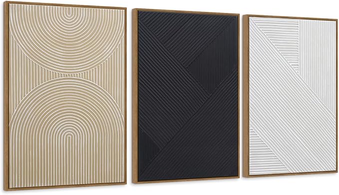Neutral Textured 3D Wall Art Boho Abstract Hand-Painted Framed Wall Decor Minimalist Geometric Artwork Paintings- Living Room Bedroom Office - Modern Boho Black White Neutral Line 16"x24" 3 piece