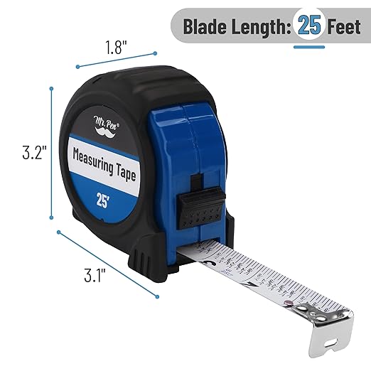 Mr. Pen- Retractable Tape Measure 25 ft, Dark Blue, Easy Read, Steel Retractable Measuring Tape with Fractions, Ideal for Construction & DIY Projects