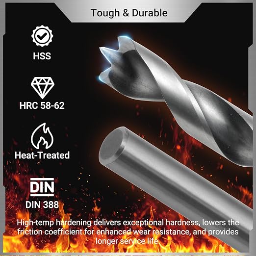 Brad Point Drill Bit Set, 29 PCS HSS Wood Drill Bit Set with Double Flutes Design for Carpenter Woodworking and All Types of Wood (1/16" - 1/2")