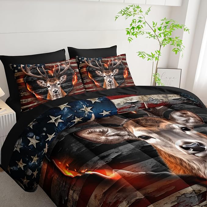 Deer Bedding Sets for Kids Boys Girls Room Decor,Hunting Themed American Flag Twin Comforter Set with Sheets,7Pcs Western Camo Fluffy Comforter Set with Fitted Sheet,Flat Sheet,Pillowcases.