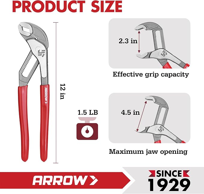 ARROW 12-Inch Water Pump Pliers, Quick Adjust Groove Joint Pliers with 18 Positions, V-Jaw Tongue and Groove Plier with Dipped handle, Heat-Treated CR-V Steel for Plumbing, Auto & Home Repair