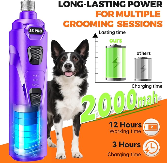 Whisper Quiet Dog Nail Grinder with 4 LED Lights, Safe & Stress-Free for Sensitive Dogs of All Breeds & Sizes, 3 Grinding Bits, 3-Speed, Pet Nail Trimmers, Rechargeable Painless Grooming Kit Purple