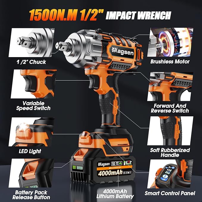 1500N.m Impact Wrench, 1/2" High Torque 1107ft-lbs Cordless Impact Gun with 2 x 4.0Ah Battery, 21V Power Impact Driver with 5 Sockets,LED Light,Electric Impact Truck RV Car Heavy Construction