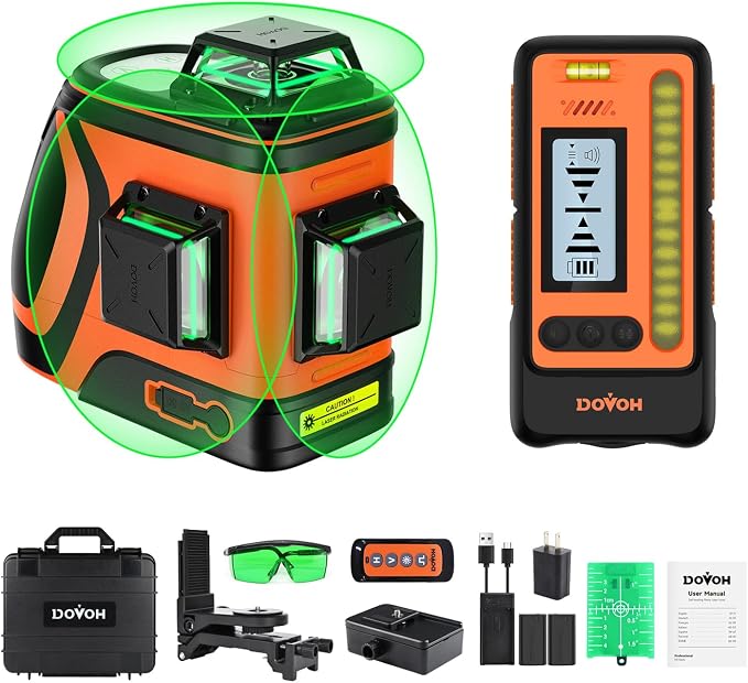 DOVOH Outdoor Laser Level 360 Self Leveling with Receiver, H3-360G-KIT | 400ft Long Range With Detector, High Power, Daylight Use, Green Beam, For Outside, Grading, Construction, Decking, Framing