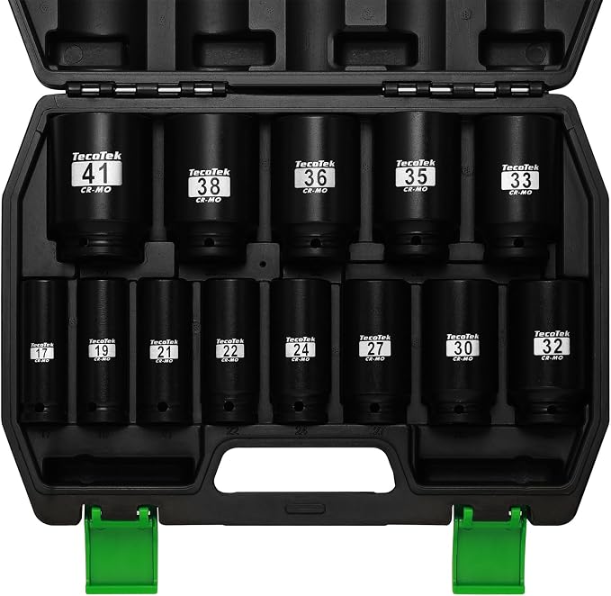 TecoTek 1/2" Drive Deep 6-Point Impact Socket Set, 13-Piece Spindle Axle Nut Impact Socket Set, Cr-Mo, Metric (17mm to 41mm), Enhanced Storage Case