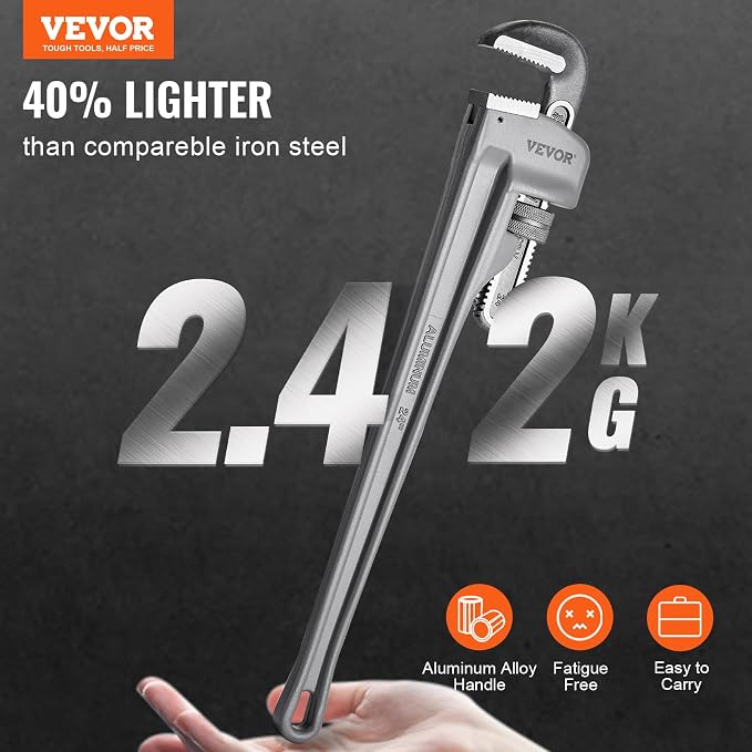 VEVOR Pipe Wrench, 24" Aluminum Straight Pipe Wrench, Adjustable Plumbing Wrench, with High Strength Jaw and Ergonomic Handle, Easy to Carry, Hangable Design, for Water Pipes, Automotive Repairs