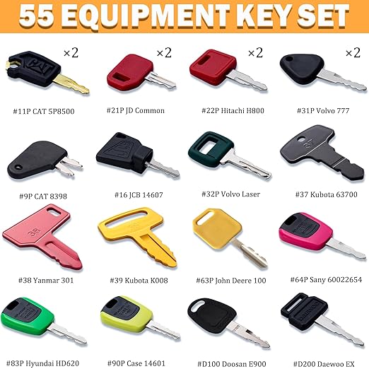 55 Heavy Equipment Keys Master Set Construction Equipment Manufactures Machinery Ignition Key for CAT Caterpillar JCB Komatsu John Deere Volvo Takeuchi Hitachi Kubota Case New Holland Hyster Yanmar