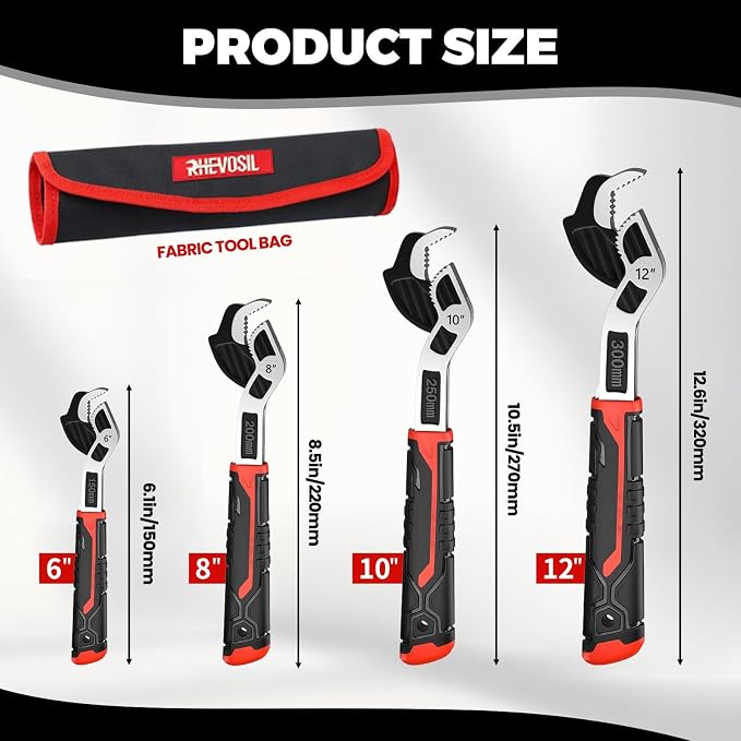 4 Pack Self Adjusting Pipe Wrench Set, 6" 8" 10" 12" Plumbers Wrench | Complete 4-Pack Kit: Covers 9/32" To 1-11/16" (7-43mm) Sizes for Standard, Square, And Irregular Nuts or Pipe Fittings.
