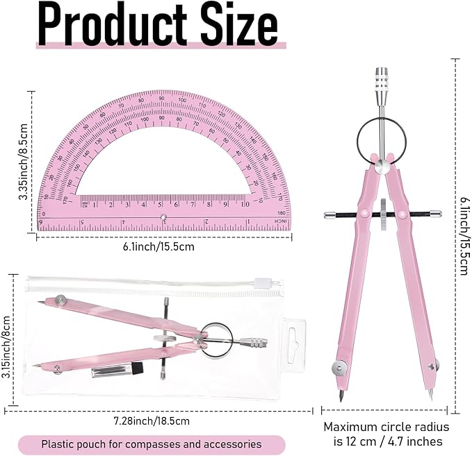 EBOOT Student Geometry Math Set, Metal Drawing Compass and 6 Inch Clear Swing Arm Protractors 180 Degree Math Protractor(Pink and Pink)