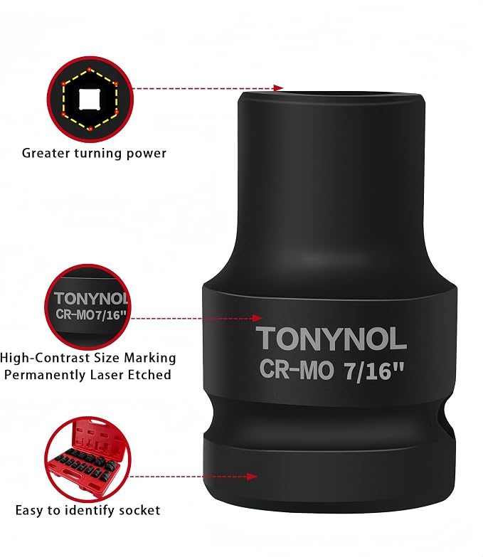 TONYNOL 1/2" Shallow Drive Impact Socket Set,6‑Point,SAE 3/8"‑1‑1/4",14Pcs | Cr-Mo Steel,With a Storage Case
