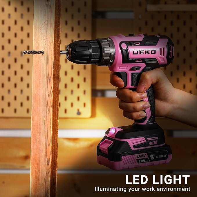 Power Drill Cordless: DEKOPRO Pink Cordless Drill 20V Electric Power Drill Set Tool for Women Drills with Battery and Charger 20 Volt Drills Driver Kit