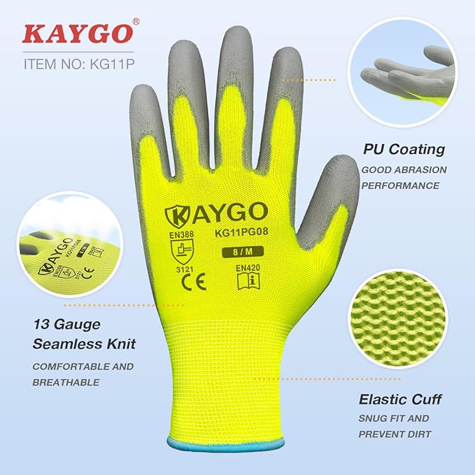 KAYGO Work Gloves for Men and Women,60 Pairs Seamless Knit PU Coated Safety Gloves, with Smooth Grip on Palm and Fingers, Ideal for Light Warehouse, Manufacturing, Gardening, KG11P (L,Green)