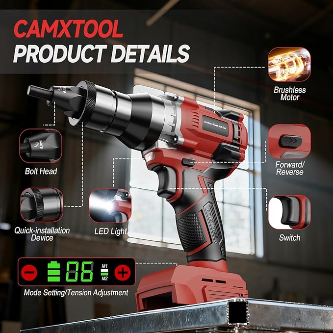 Cordless Rivet Nut Gun for Milwaukee 18V Battery, Electric Rivet Nut Tool with 1/4", 5/16", 3/8" Nut Head, Portable Battery Powered Rivetnut Tool, Auto Mode & Memory Mode, Tool Only