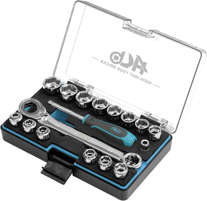 HB 57-Piece Socket Set AGX004-U, Low Profile 120-Tooth Ratchet Wrench with Non-Slip Sockets, Metric SAE E-Torx Compatible, Chrome Vanadium Steel, Portable EVA Case, Made in Taiwan
