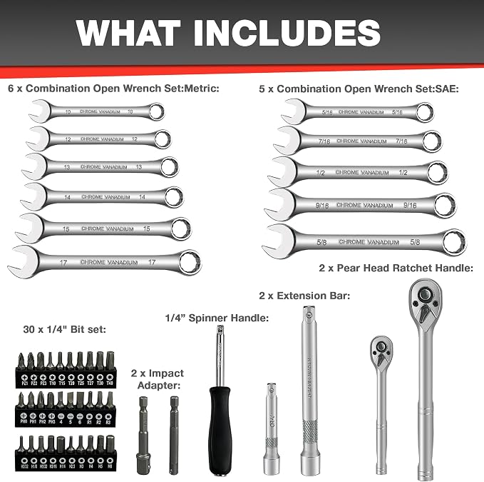 EACELIY 122Pcs 1/4" & 3/8” Drive Impact Socket Set, Ratchet Socket Wrench Set with Extention Bar, Adapter, Screw Bits,Drive Bit Holder, Spark Plug Socket,CR-V