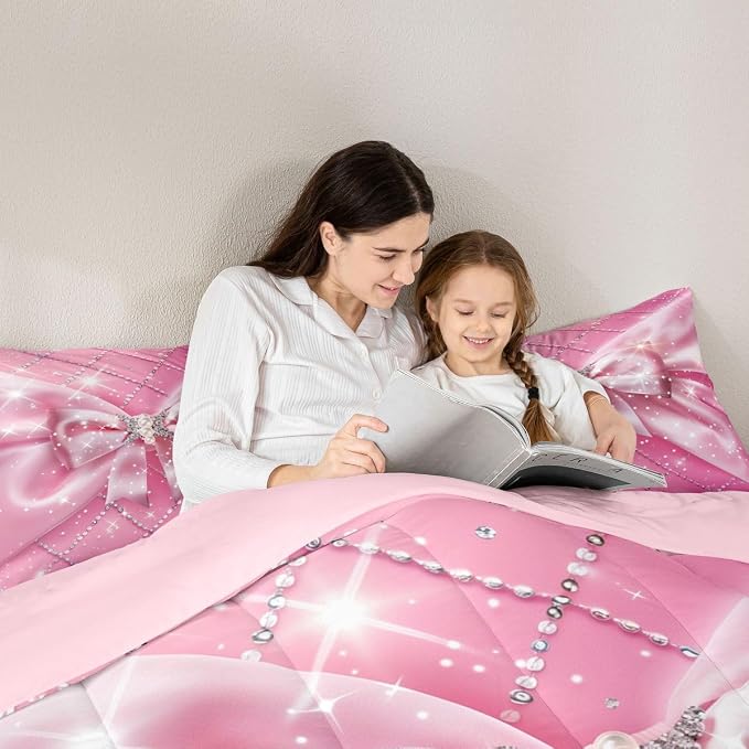 Feelyou Pink Bowknot Comforter Set All Season Ribbon Glitter Bow Bedding Set with 2 Pillow Cases Dreamy Princess Microfiber Kids Full Bedclothes Bedroom Decor Duvet Quilt Breathable Soft Lightweight