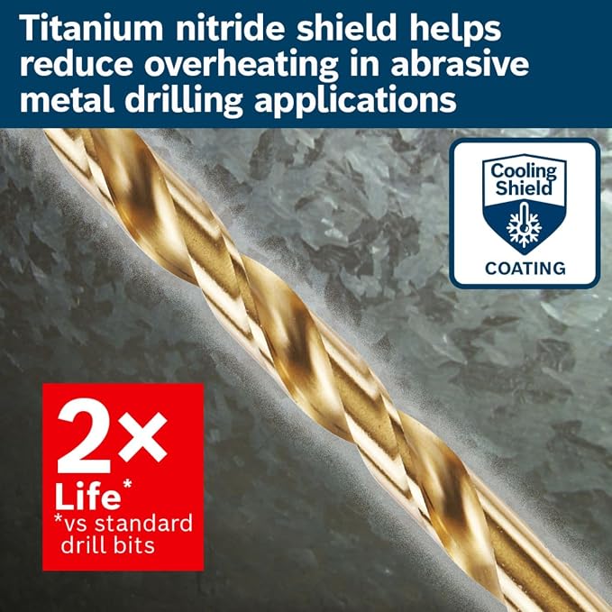 BOSCH TI2151IM 1-Piece 3/8 in. x 5 in. Titanium Nitride Coated Metal Drill Bit Impact Toughwith Impact-Rated Hex Shank for Applications in Heavy-Gauge Carbon Steels, Light Gauge Metal, Hardwood