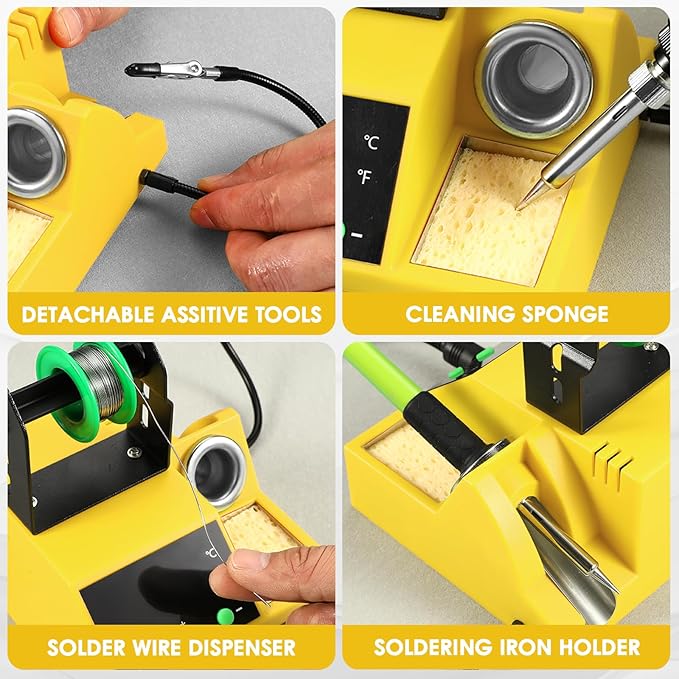 Soldering Station, 100W Digital Display Soldering Iron Station Kit with 2 Helping Hands, 356°F - 896°F, Auto Sleep, °C/°F Conversion, Solder Wire, Tips, Stand, Pump, Tweezers, Tip Cleaner, Yellow