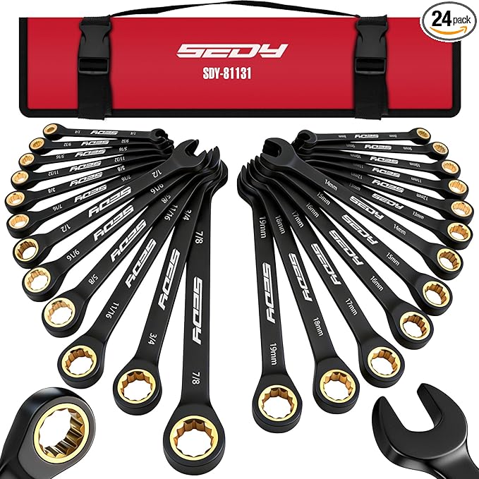 Premium 24-Piece Ratcheting Wrench Set, SAE(1/4-7/8") & Metric(8–19mm) Combination Wrenches, 72-Tooth CR-V Steel with Durable Black Finish, Ratchet Spanners with Roll-Up Tool Pouch for Repair