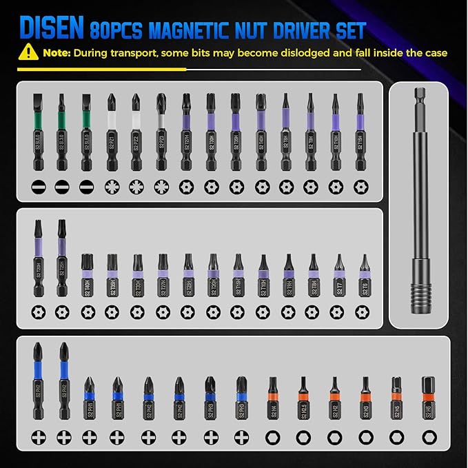 DISEN 80-Pieces Magnetic Impact Nut Driver Set Metric & SAE with Socket Adapters Impact Driver Bit Set Socket Set Deep Nut Driver Wing Nut Driver Tool Set Gift for Father and Friend