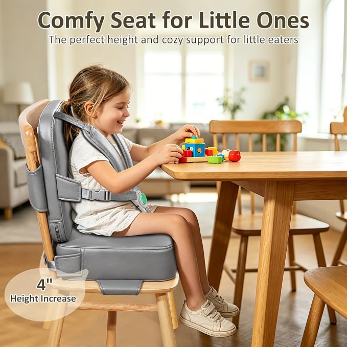 Toddler Booster Seat for Dining Table,Kitchen Chair Booster Cushion | Non-Slip Booster Seat with Backrest and 5 Piont Harness, PU Waterproof Travel Baby Booster Increasing Cushion