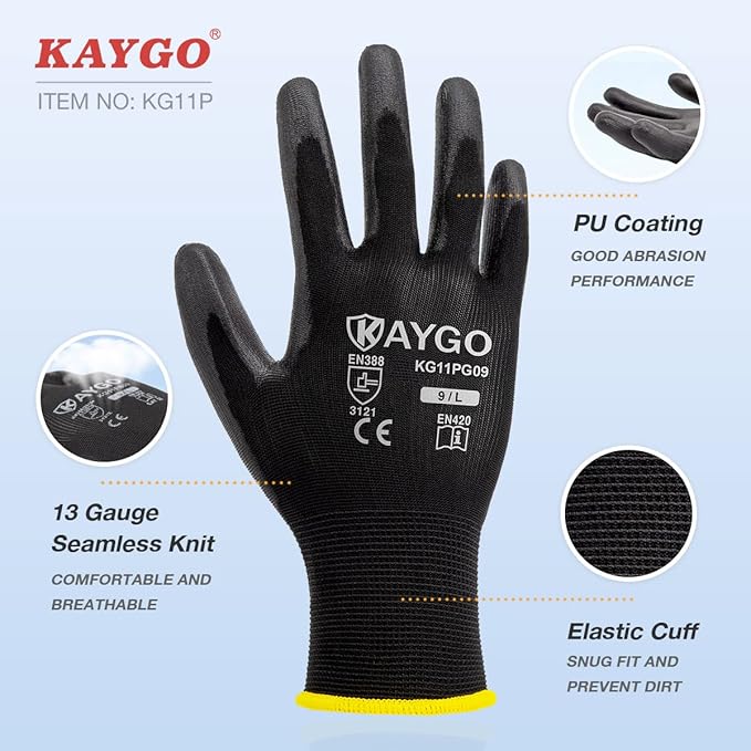 KAYGO Work Gloves for Men and Women,60 Pairs Seamless Knit PU Coated Safety Gloves, with Smooth Grip on Palm and Fingers, Ideal for Light Warehouse, Manufacturing, Gardening, KG11P (XL,Green)