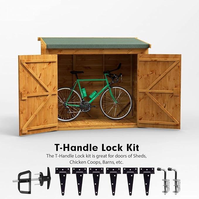 Double Door Shed Hardware Kit - Complete with Hinges, Latches, and 7-1/2" T-Handle Lock - Includes Window and Door/Window Hinge Set, for Gates, playrooms
