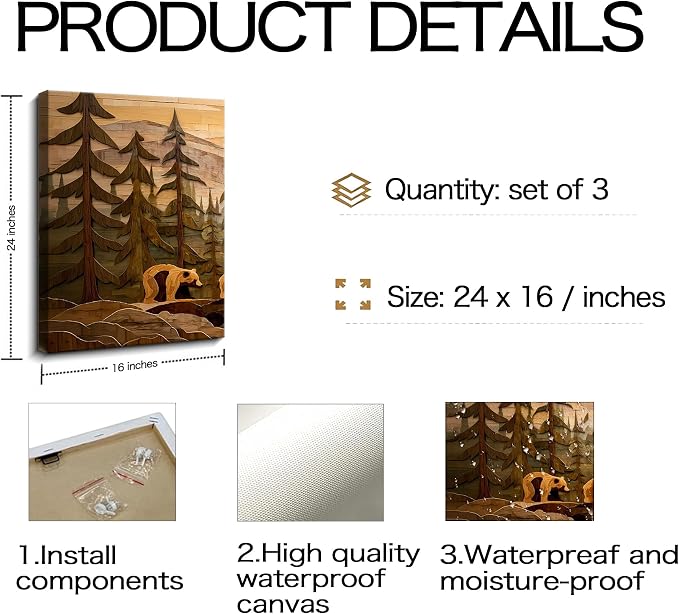 Frimeeme 3-Piece Framed Rustic Forest Bear Canvas Wall Art,Woodland Cabin Decor, for Cabin, Farmhouse, Living Room, Bathroom,16x24 Inch