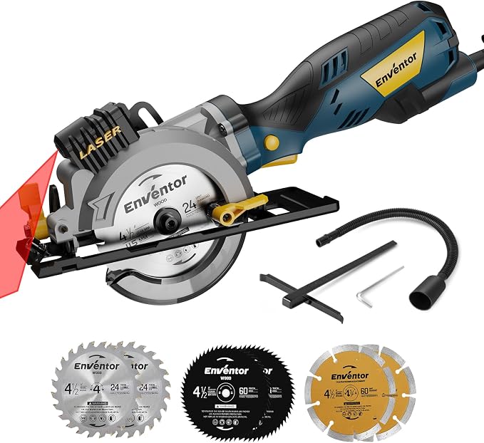 Enventor Mini Circular Saw, 5.8A 4-1/2" Electric Circular Saws with 6 Saw Blades, Laser Guide, 3,500RPM Max Cutting Depth 1-11/16"(90°), 1-1/8"(45°) for Soft Metal, Wood, Tile Cutting