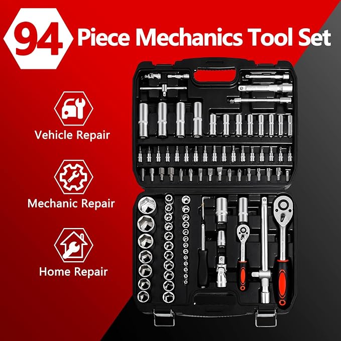 XHTT 94 Piece Tools For Mechanics,Metric And Standard 1/4,1/2 Socket Set,And Ratchet Set,Universal Joint,Extension Bars And Quick Release Reversible Ratchet Wrench,Plastic Toolbox Storage.