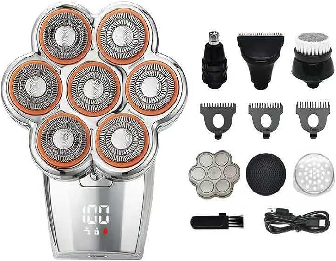 Electric Head & Body Hair Shaver - Mens Cordless Rechargeable Wet/Dry Skull Bald Head Back & Groin Waterproof Razor with Rotary Blades, Clippers, Nose Trimmer, Brush, Massager (Silver) | 𝟕𝐃 𝐅𝐥𝐨𝐚𝐭𝐢𝐧𝐠 Electric Razor with Magnetic Removable Head...
