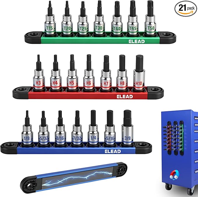 21-Piece Allen Bit Socket Set, 3/8" Drive Hex & Torx Socket Set with Magnetic Sockets Organizer Rail, S2 Steel Bit & Chrome Vanadium Steel Sockets for Professional Garages Workshop