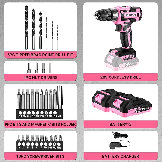 Power Drill Cordless: DEKOPRO 20V Electric Drills with 3/8-Inch Keyless Chuck, Variable Speed, Power Cordless Drill Set Tool with 2 Batteries, Charger&30 Accessories(Pink)