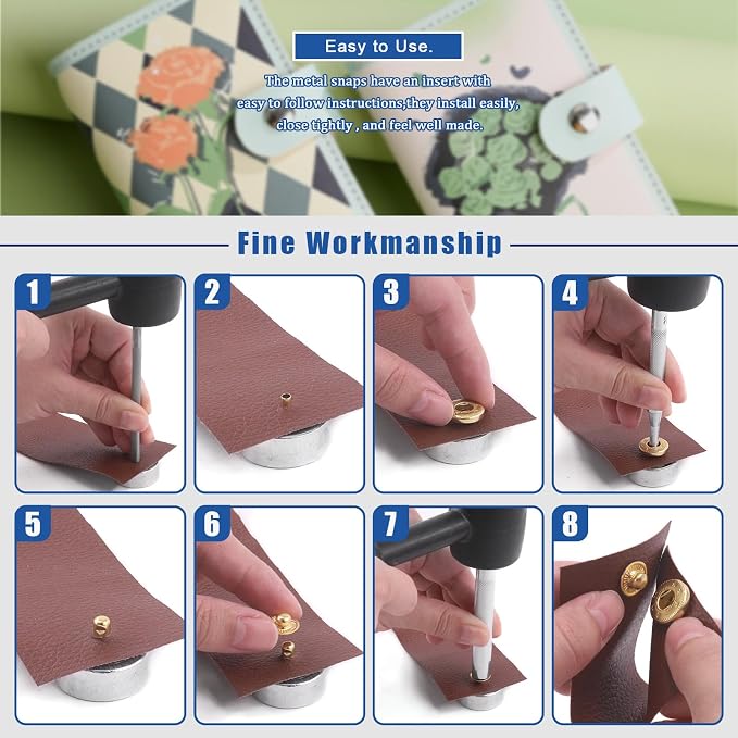 Glarks 60 Sets Leather Snap Fasteners Kit, 12.5mm 6 Colors Metal Snap Buttons Press Studs with 8Pcs Hole Punch, Hammer, Setting Tools, Grease Pencils and Tape Measure for DIY Leather Craft