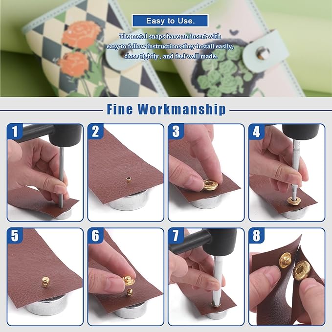 Glarks 60 Sets Leather Snap Fasteners Kit, 12.5mm 6 Colors Metal Snap Buttons Press Studs with 8Pcs Hole Punch, Hammer, Setting Tools, Grease Pencils and Tape Measure for DIY Leather Craft