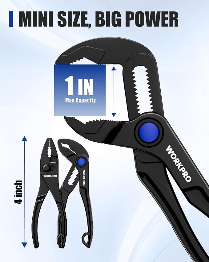 WORKPRO 2-Piece Mini Pliers Set with Pouch, 4-Inch Slip Joint Plier & Water Pump Plier, Heavy-Duty Alloy Steel Adjustable Plier with Anti-Rust Coating, Pocket Pliers for Tight Spaces & Versatile Use