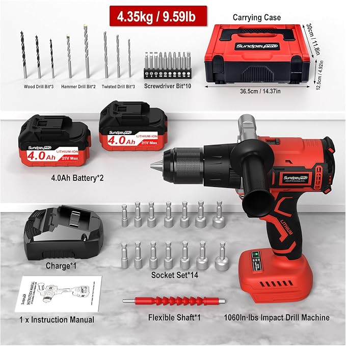 1060In·lbs Cordless Hammer Drill - 21V Brushless Power Drill Set with 2 × 4.0Ah Batteries, 20+3 Torque Settings, 2 Speeds, Fast Charger, 1/2" Metal Chuck for Lightweight-Concrete Wood Metal