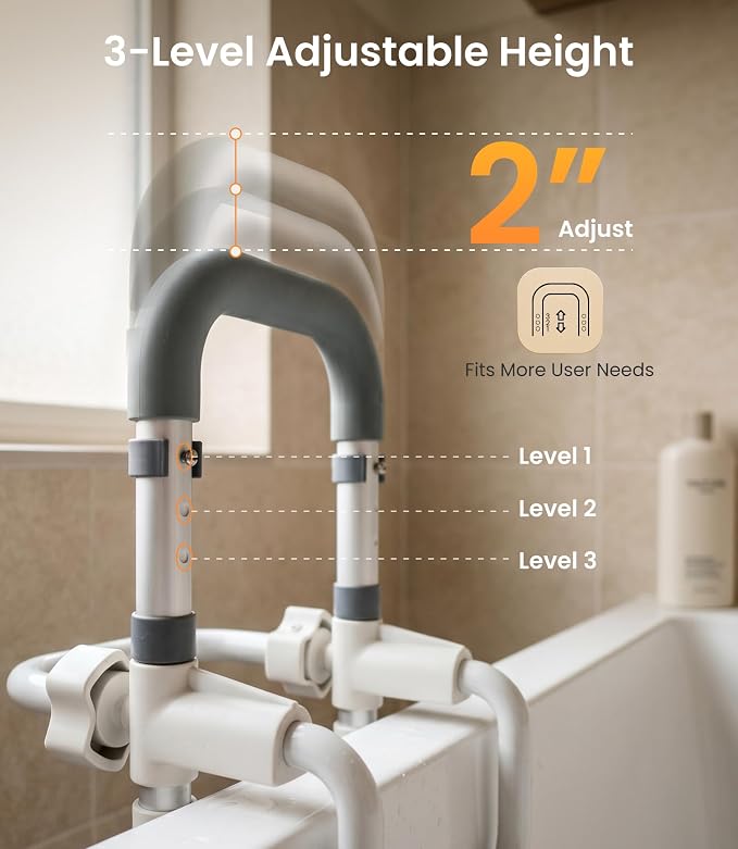 VOCIC Silicone Bathtub Grab Bars for Seniors, Height Adjustable, Clamp On Tub Rails for Elderly Adults Safety