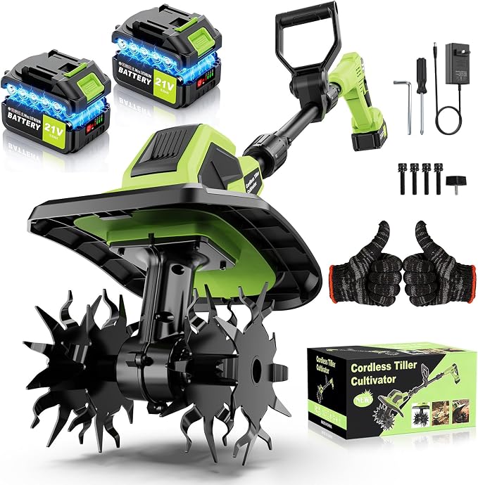 6000mAh Cordless Rototiller Tiller for Gardening,20v Battery Powered Electric Garden Tiller Cultivator,9" Width 7" Depth,Lightweight Small SoilTiller for Cultivating/Lawn/Garden Tool (Green)