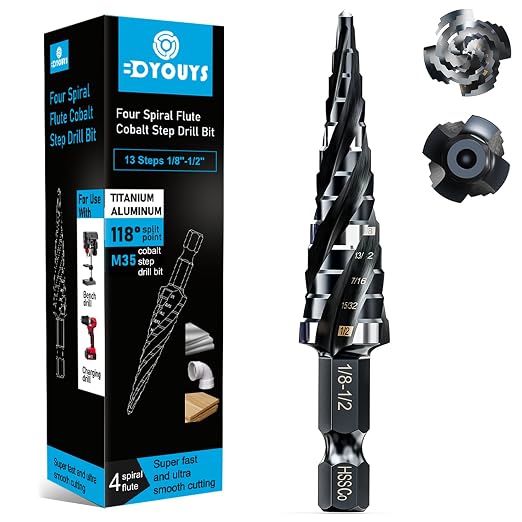 M35 Four Spiral Flute Step Drill Bit Set 1/8"-1/2" （13 Sizes ）,1/4" Hex Shank Drill, Impact Resistant M35 HSS Unibit Step Drill bit for Stainless Steel, Wood, Aluminum, Plastic