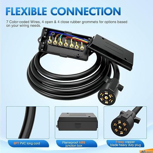 Nilight Heavy Duty 7 Way Inline Trailer Plug Extension 8FT w/Junction Box | Waterproof 7Pin RV Round Wiring Harness Extend Vehicle and Trailer Side Towing Car Color Coded for Campers Caravans Vans