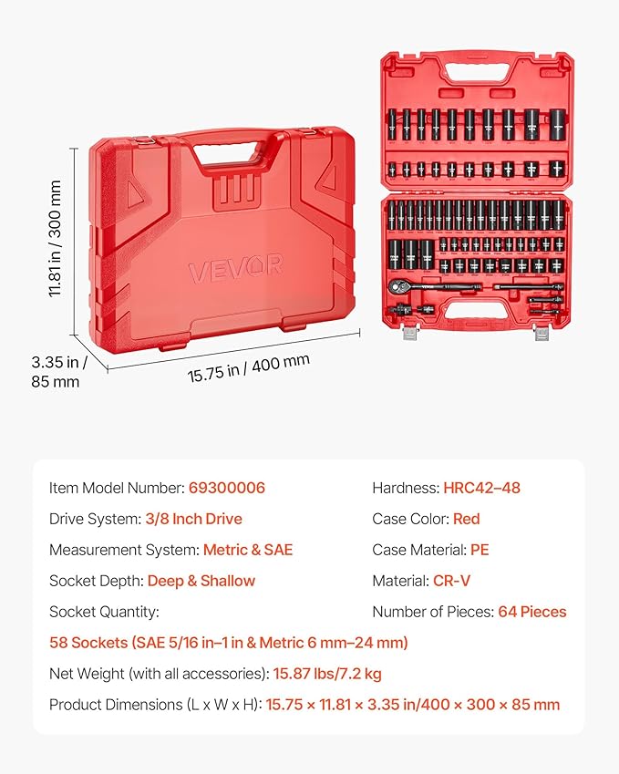 VEVOR Impact Socket Set 3/8" Drive, 64-Piece Standard SAE (5/16 to 1 inch) & Metric (6 to 24 mm) Size, Deep & Shallow, 6 Point, CR-V, Ratchet Handle, Extension Bars, Universal Joint, Adapters