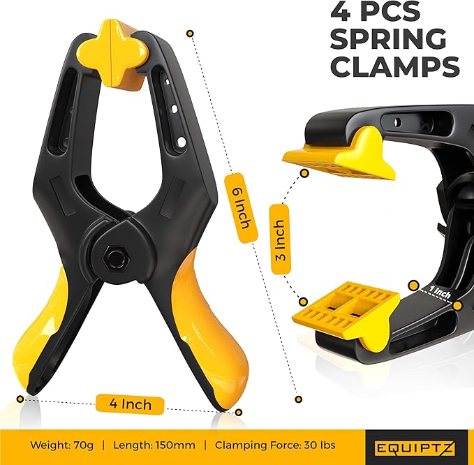 EQUIPTZ 6 inch Spring Clamps Heavy Duty - 4 Pack Large Plastic Clamps for Woodworking, Crafts, Backdrop and Pool Cover with 3 inch Mouth Opening - Rust Free Spring Clips with Non-Detachable Jaw Pads