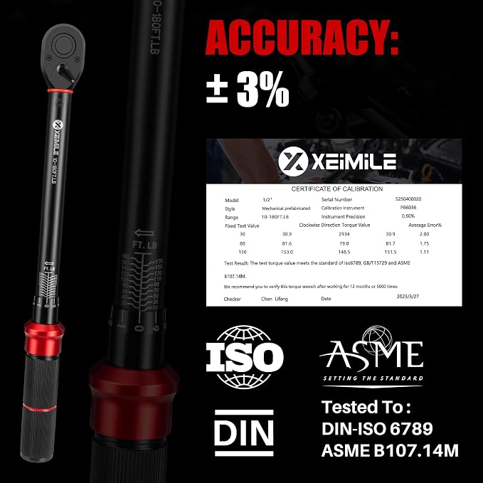 3Pcs 1/2" Drive Torque Wrench Set 10-180Ft.Lb for Car Motorcycle | Inch Pound Click Torque Wrench( 13.6-244Nm), 72T Adjustable Dual-Direction, High 3% Precision for Bike Auto Wheel Repair DIY