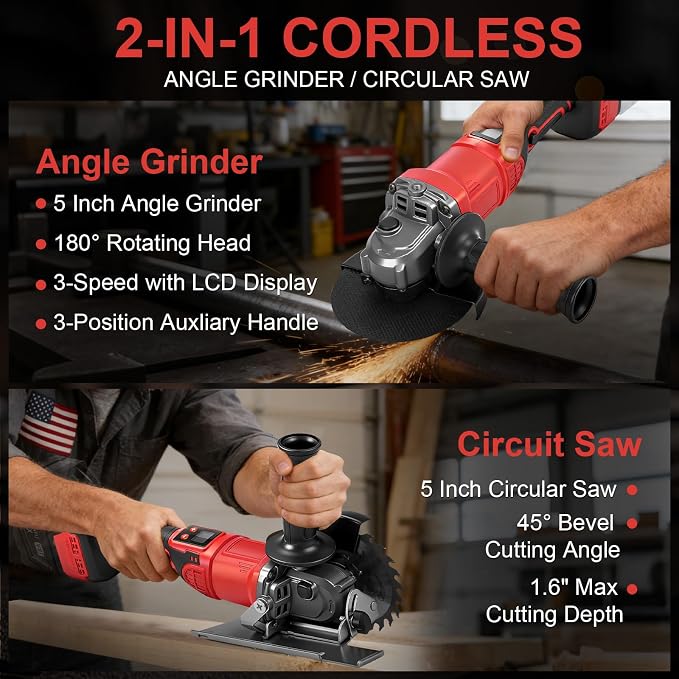 2-in-1 Cordless Angle Grinder & Circular Saw for Milwaukee M18 18V Battery | No Battery, 4-1/2" to 5", 180° Rotating Head, 3-Speed with LED Display, 9300RPM Brushless for Cutting, Grinding, Polishing