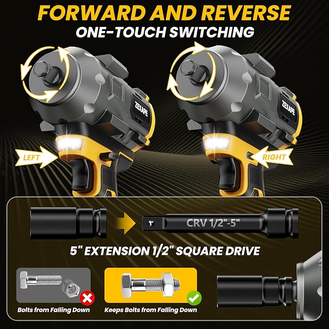 Cordless Impact Wrench 1/2 inch for Dewalt Battery, Impact Wrench 1360N.m(950Ft-lbs) High Torque Brushless Electric Impact Gun, Power Impact Driver with 3-Mode Speed, LED Work Light(no battery)