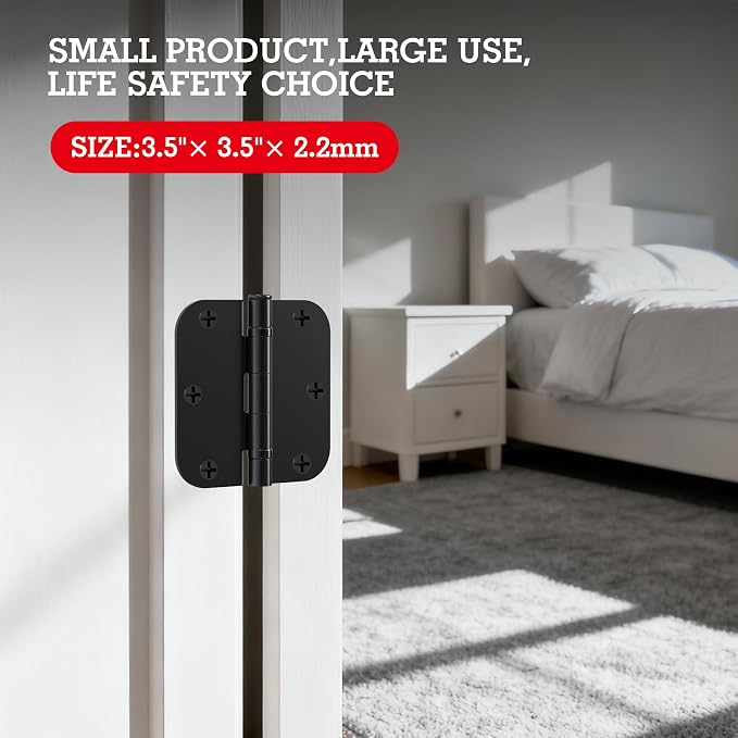6 Pack Matte Black Ball Bearing Door Hinges, 3.5 Inch 5/8" Radius Round Corner Quiet No Squeak Interior Hinges, 270° Rotatable Removable Pin Heavy Duty Steel Hinges with Free Screws for Bedroom Home